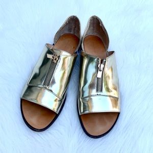Zara Gold Metallic Zipper Sandals Statement Summer Shoes Size 10